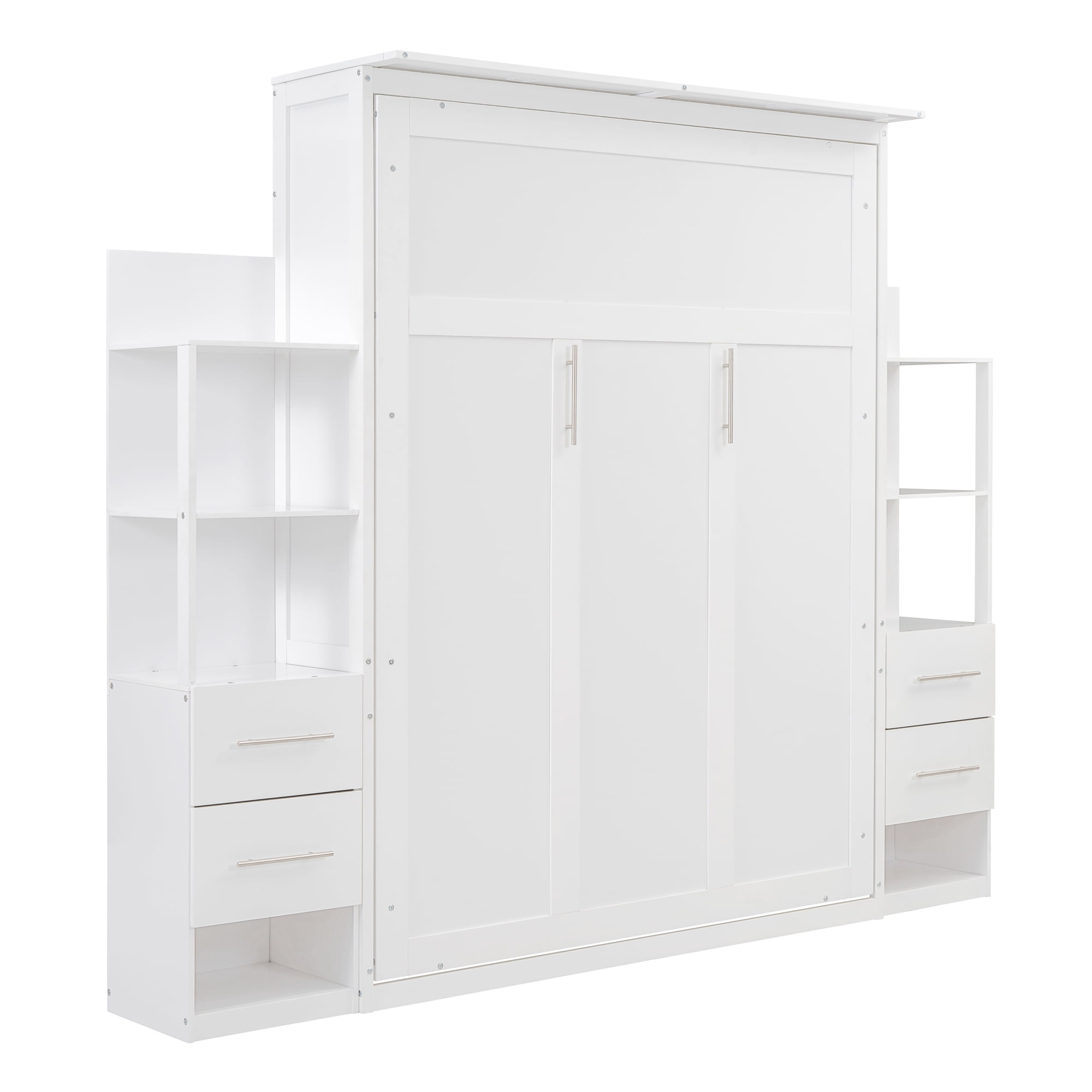 Euroco Wood Queen Size Murphy Bed with Cabinets and Drawers, Convertible Wall Bed wiht LED Light and Shelves, White