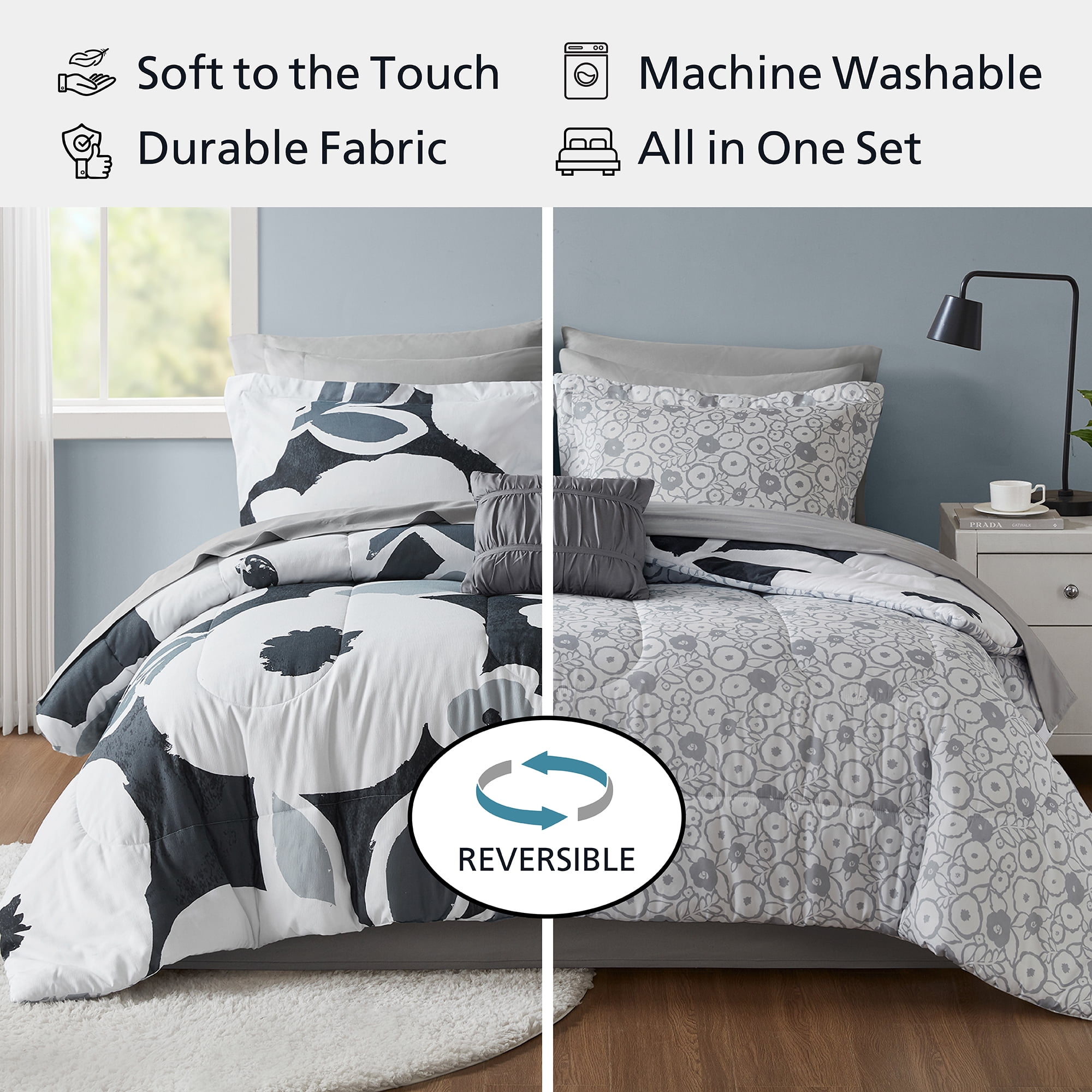 Mainstays All in One Reversible Comforter and Sheet set- 11 Piece, Full, Black and White Floral