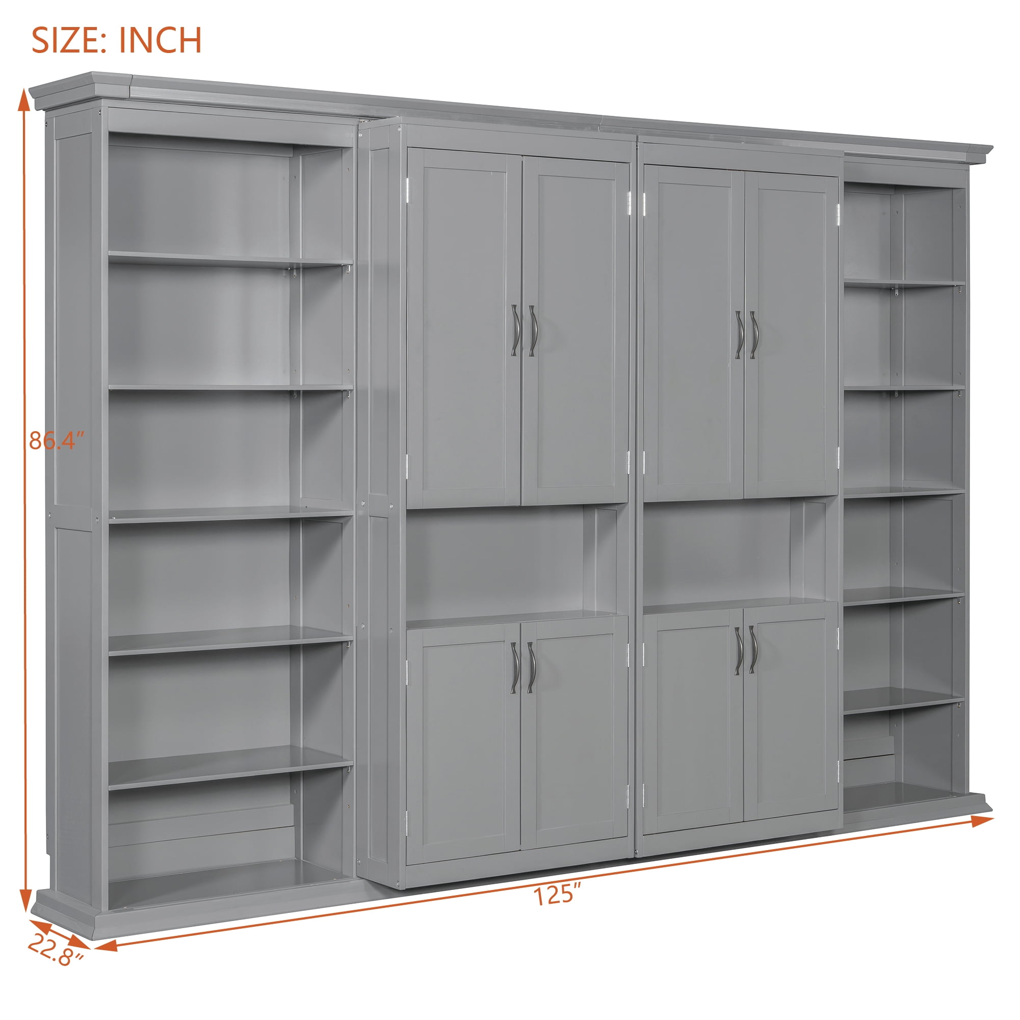 Full Size Murphy Bed with Dual Sliding Storage Cabinets, 6-Tier Open Shelves, Space-Saving for Small Space, Guest Room