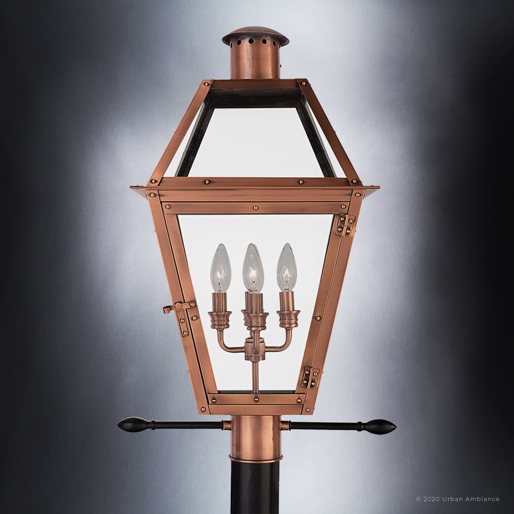 Luxury Historic Outdoor Post Light, 26''H x 17''W, with Tudor Style Elements, French Country Design, Rustic Copper Finish and Clear Glass, UQL1373