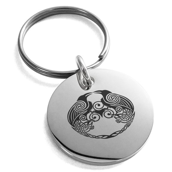Stainless Steel Yggdrasil Huginn & Muninn Odin's Ravens Engraved Small Medallion Circle Charm Keychain Keyring