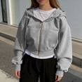 thumbnail image 2 of Zip up Hoodie Women Oversized Cropped Plain Sweatshirt Full Zip Drawstring Hooded Slouchy Jacket with Pocket Light Gray M, 2 of 8