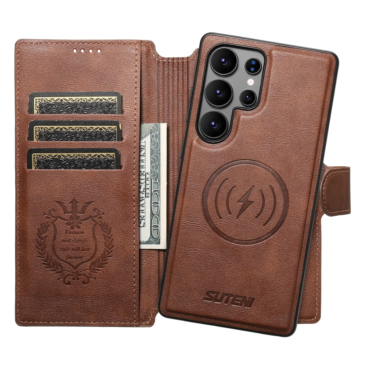 for Samsung Galaxy S24 Ultra Detachable Wallet Case, PU Leather Magnetic Cover Support Wireless Charging & Magnetic Car Mount, Card Slots Holder, Flip Stand, Folio Protective Phone Shell, Brown