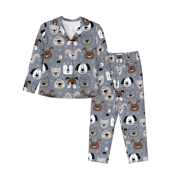 Balery Cute Dog Faces Conjunto de Pijama con Estampado para Mujer, Conjunto de Dos Piezas con Manga Larga, Ropa de Dormir Suave con Bolsillos, Pijamas Cómodos-Large