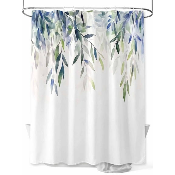 Fsddascl Blue Green Leaves Shower Curtain Set - 36" x 78" Washable Bathtub Curtain with 12 Hooks, Watercolor Spring Botanical Branches Waterproof Fabric Stall Shower Curtains for Bathroom/Bathtub