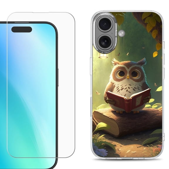 For iphone 16 Plus Phone Case Cover, Shockproof Case with Tempered Glass Screen Protector, by OneToughShield - Owl Reading