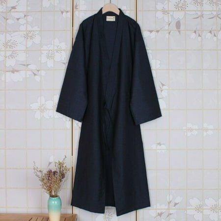 GZhLonKiMa Mens Japanese Style Kimono Robe Solid Lace Up Long Bathrobe Pajamas Belt Cotton Home Pijama Robes Clothing Lingerie Nightwear