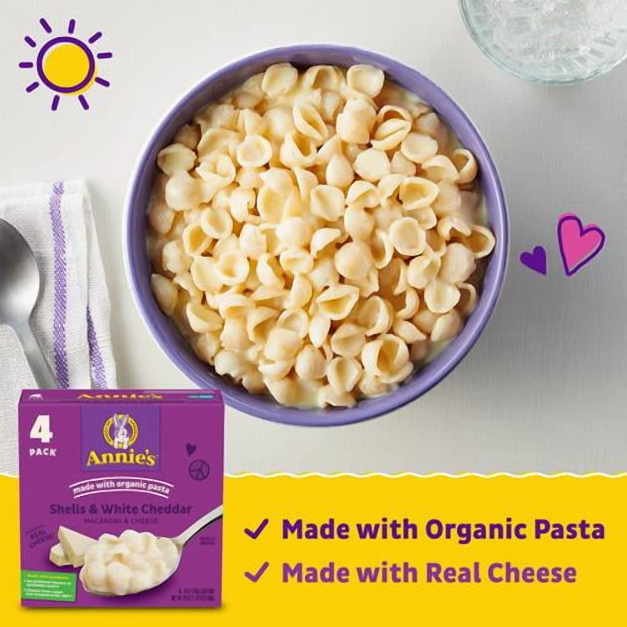 Annies Shells And White Cheddar Mac And Cheese With Organic Pasta, Dinner Side Or Snacks, 4 Ct, 24 Oz - Pack of 2