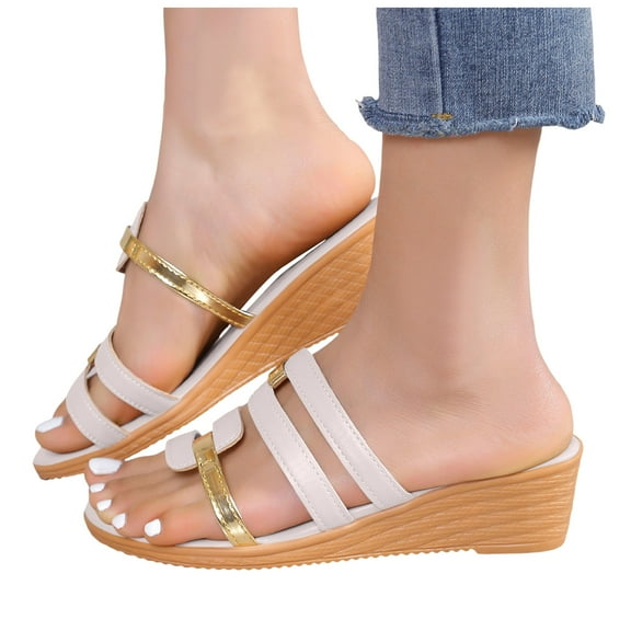 Wedge Dress Sandals for Women Ladies 2025 Glitter Open Toe Mid Heel Slip on Slides Beach Summer Shoes