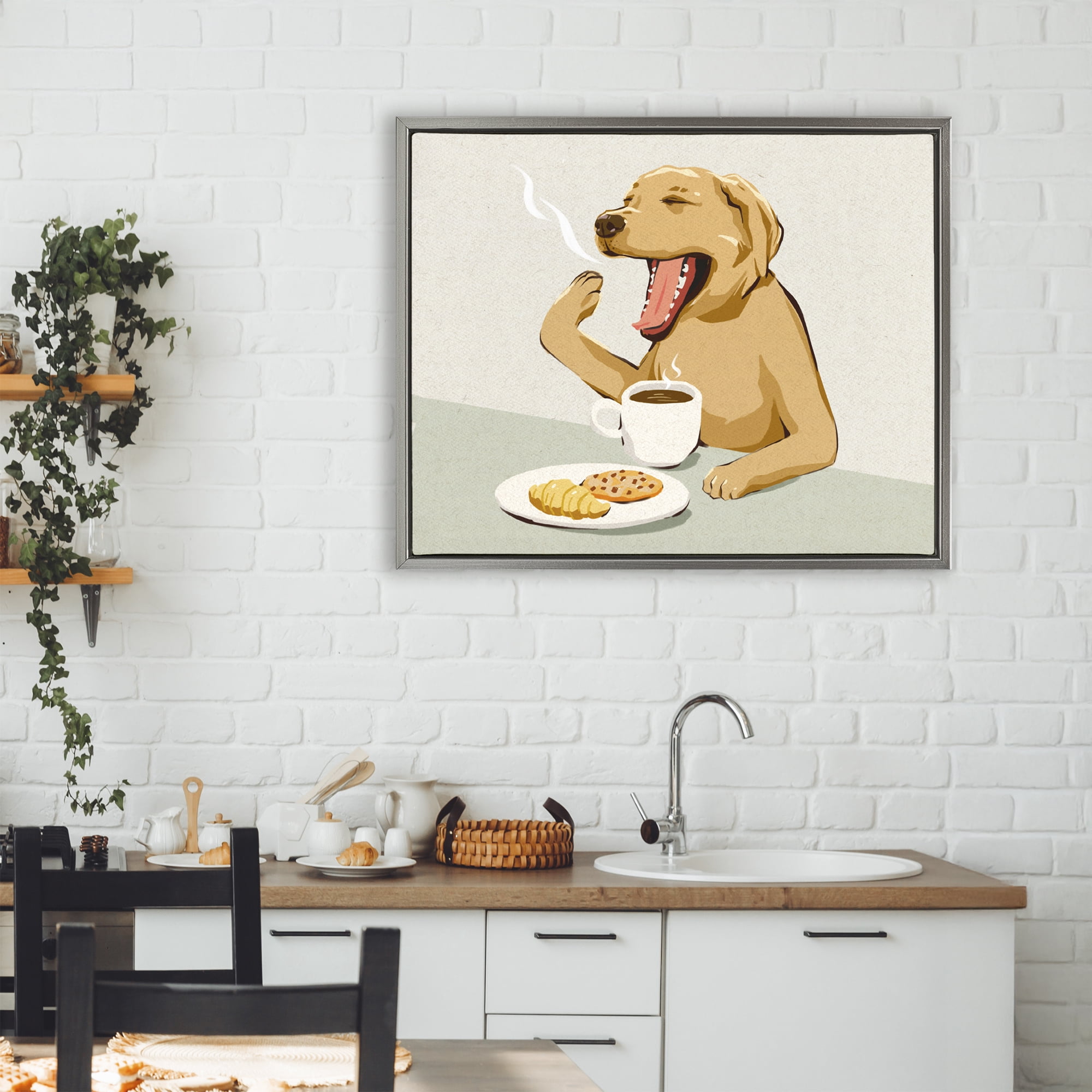 Stupell Industries Yawning Dog with Morning Coffee Gray Framed Floater Canvas Wall Art, design by Ziwei Li