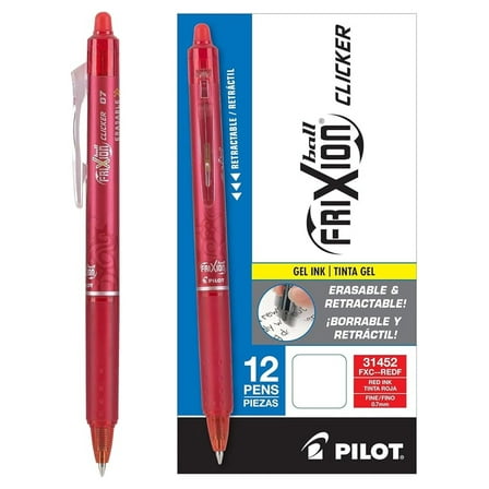 , FriXion Clicker Erasable Gel Pens, Fine Point. 0.7 mm, Pack of 12, Red