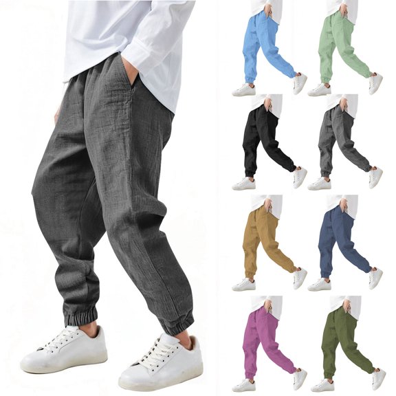 ZVAVZ Boys Cotton Linen Pants with Pockets Elastic Waist Drawstring Sweat Jogger Lounge Tapered Leg Harem Pants Trousers Army Green,4 Years