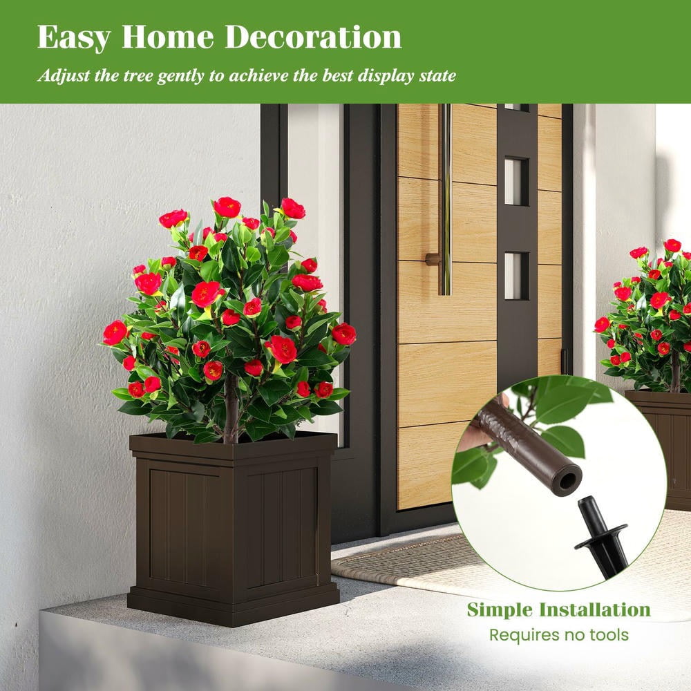GVN 2 Pack 31 Inch Faux Camellia Plants Decorative with Fake Flower, Artificial Plant for Patio, Garden, Front Door, Balcony, Backyard, Green & Red