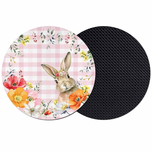 Pink Easter Coasters Set of 2, Absorbent Coasters for Drinks, Bunny Spring Floral Checkered Coaster for Desk Coffee Table Protection, Home Decor House Warming Gifts 4"