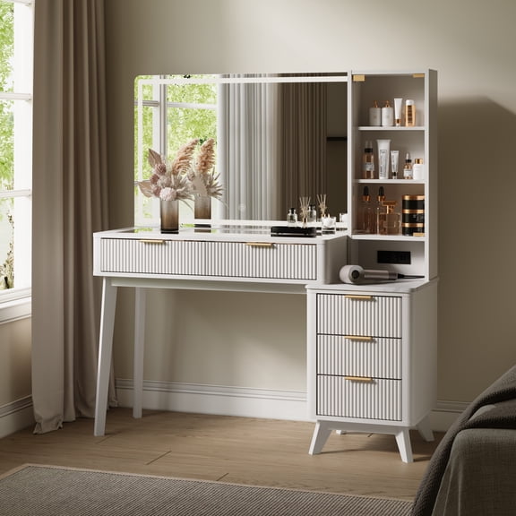 OKD Makeup Vanity Desk with Mirror and Lights, Modern Fluted Dressing Table with 5 Drawers & Adjustable Shelves, Vanity Table with Charging Station for Bedroom, Solid White