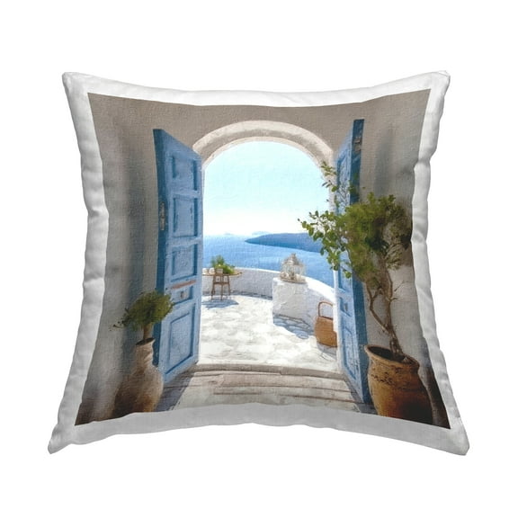 Stupell Industries Blue Greek Door Scenery Square Decorative Printed Throw Pillow, 18 x 18