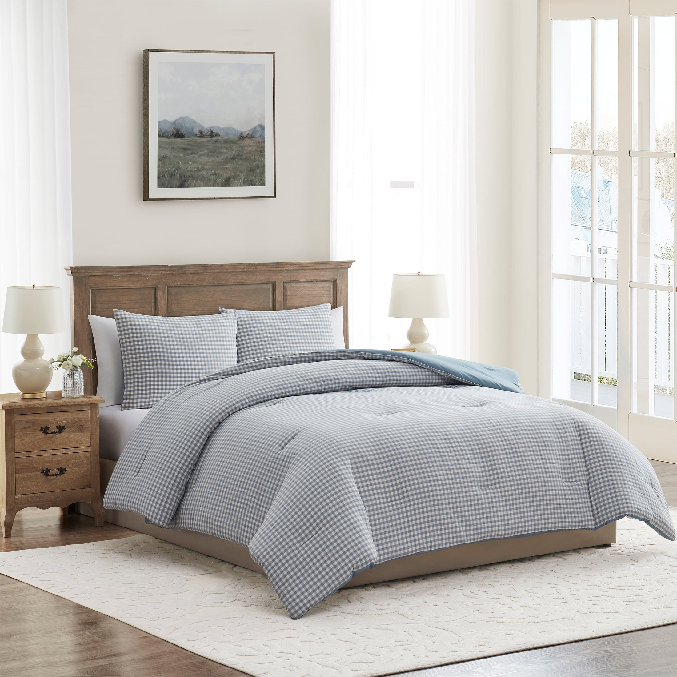 My Texas House Collins 2-Piece Blue Gingham Cotton Comforter Set, Twin/Twin XL