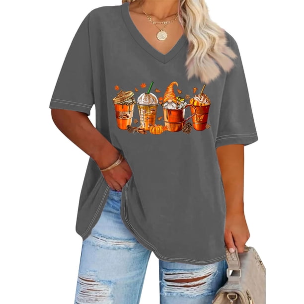 Puntoco Camiseta básica de verano de color liso con mangas cortas y cuello en V grande con diseño de calabaza de Acción de Gracias para mujer