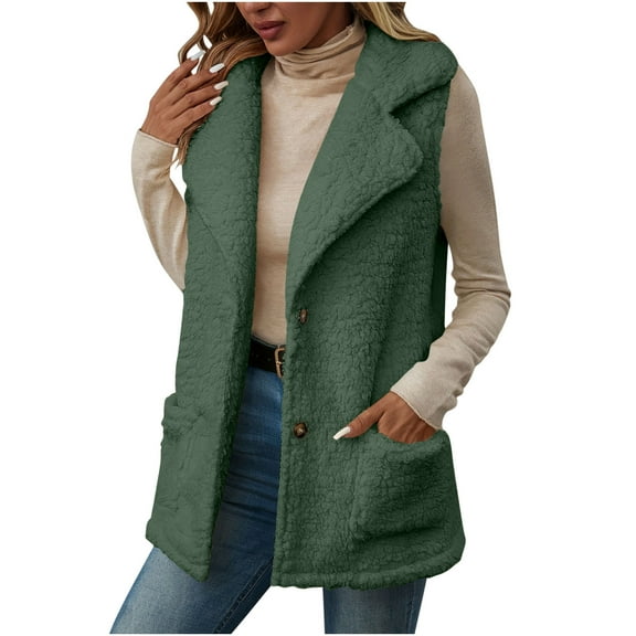 Lcziwo Fuzzy Fleece Vest for Women Faux Shearling Winter Warm Jacket Sleeveless Button Down Lapel Coats Teddy Loungewear with Pockets Green,M
