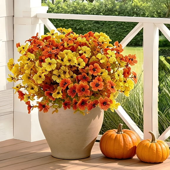 CandWuom Artificial Fall Flowers Fake Mums for Outdoor Autumn Decoration, 10 Bundles Faux Silk Orange Yellow Mums Daisy Look Real UV Resistant for Outside Home Porch Patio Planter