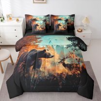 Homewish 3D Bear Deer Elk Twin Bedding Sets 7-Piece, Hunting Jungle Wildlife Bedding Comforter Set, Rustic Farmhouse Reversible Sheet Sets, Microfiber Bedroom Decor