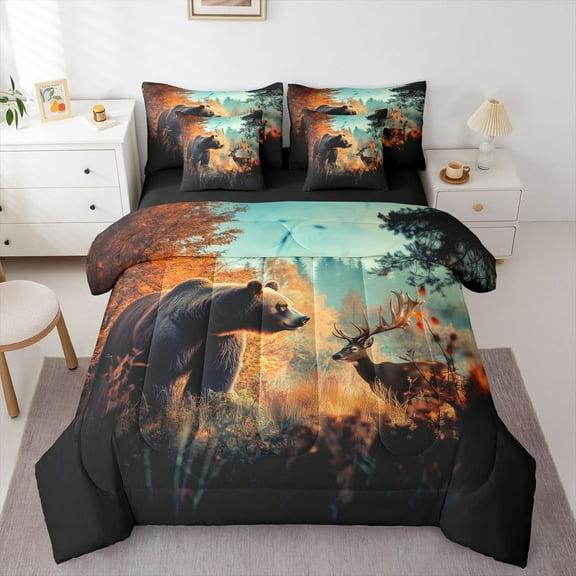 Homewish 3D Bear Deer Elk Twin Bedding Sets 7-Piece, Hunting Jungle Wildlife Bedding Comforter Set, Rustic Farmhouse Reversible Sheet Sets, Microfiber Bedroom Decor
