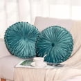 thumbnail image 2 of Round Throw Pillow Set of 2 – Decorative Velvet Ruched Pumpkin Pillows with Button Center, Soft Handmade Cushions for Couch Sofa Bed Farmhouse Vintage Rustic Decor, 14.5" R, Teal, 2 of 8