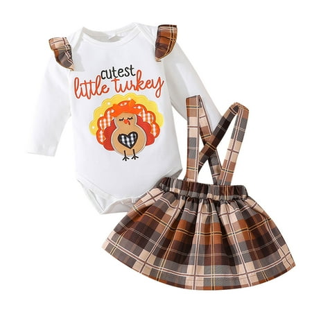 

Fashion Print Baby Clothes Set For Girl Toddler Girls Thanksgiving Long Sleeve Cartoon Print Romper Bodysuits Suspenders Skirts Outfits