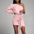 thumbnail image 2 of Uaswgudfs ​One-Shoulder Long Sleeve Formal & Casual Dress for Women​ - Asymmetrical Fitted Silky Dress with Tied Sash Waist, Summer Midi Dress for Evening Events & Parties Pink 2XL, 2 of 9