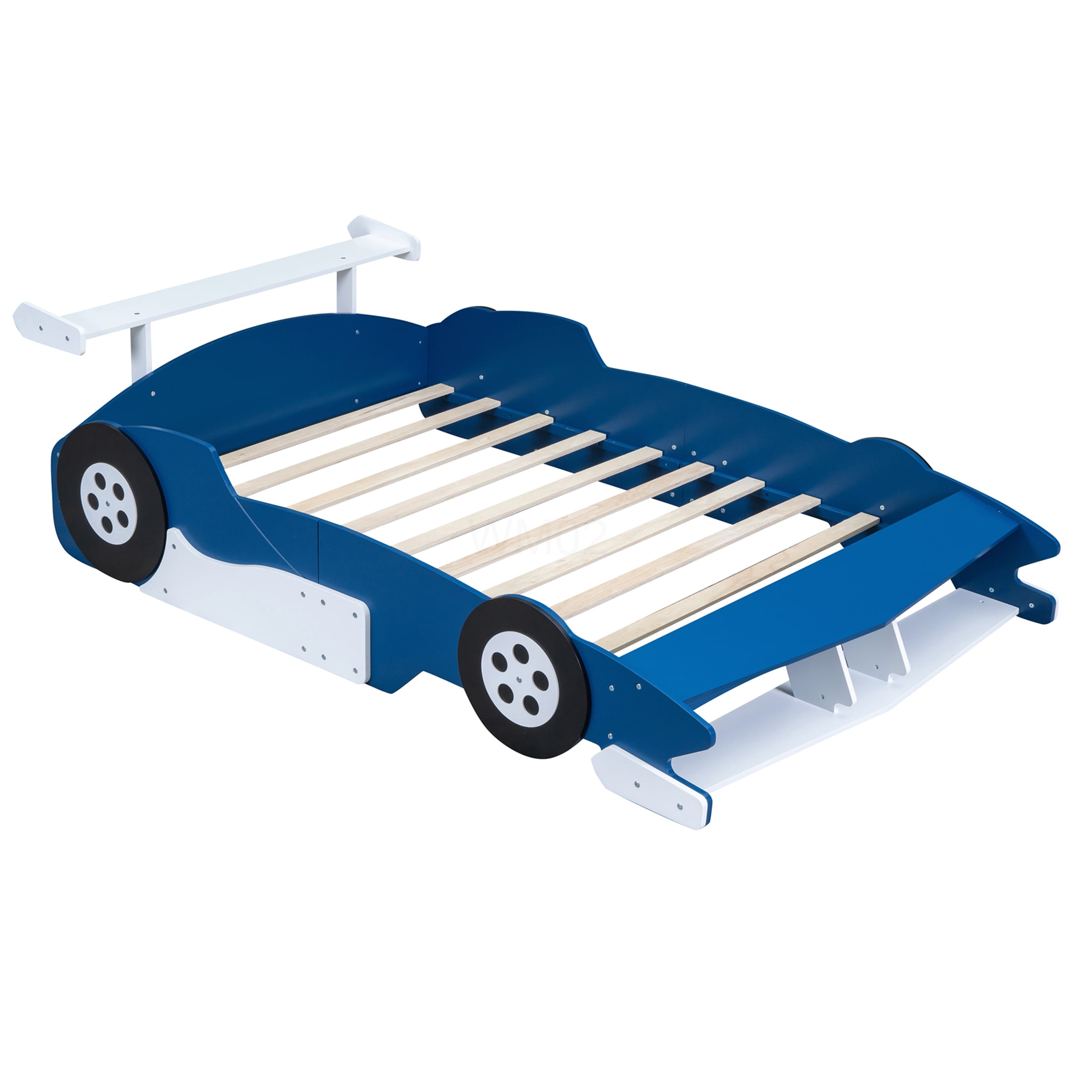 Full Size Race Car Bed with Wheels, Low Profile Platform Frame, Blue Finish, Easy Assembly