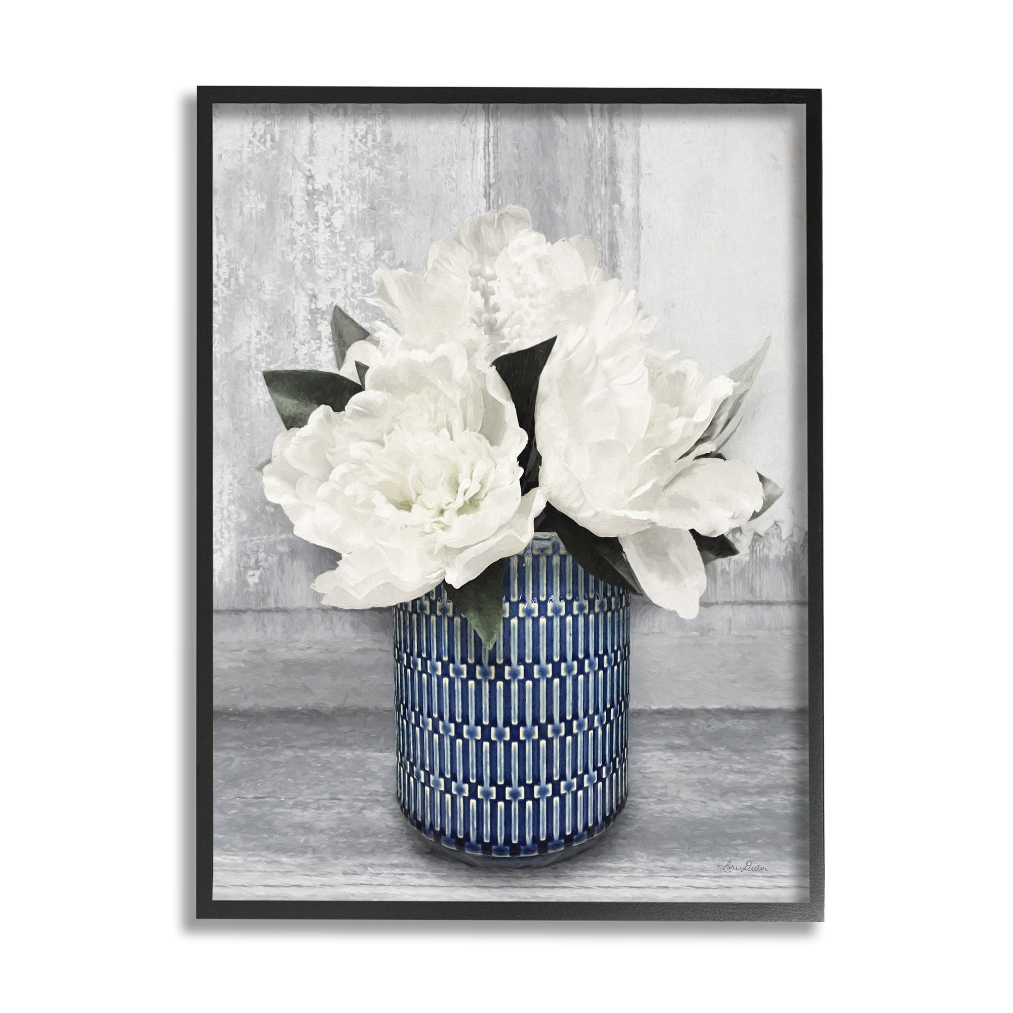 Stupell Industries Rustic White Peony Flower Blossoms Geometric Pattern Vase,24 x 30, Design by Lori Deiter