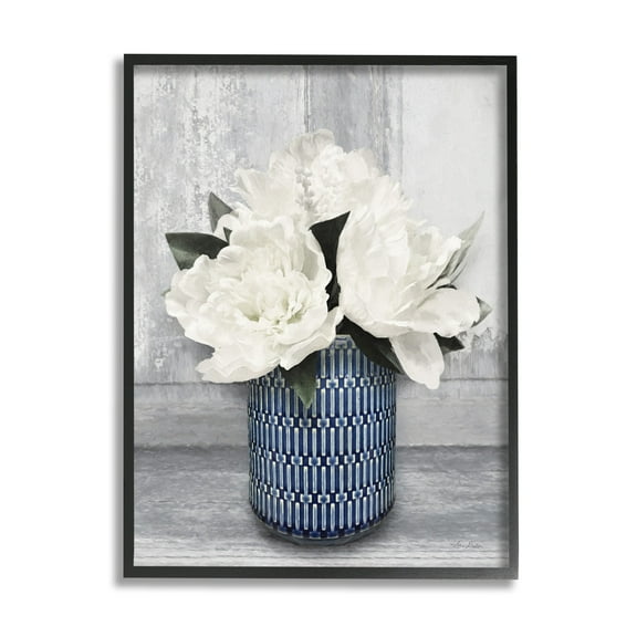 Stupell Industries Rustic White Peony Flower Blossoms Geometric Pattern Vase,11 x 14, Design by Lori Deiter
