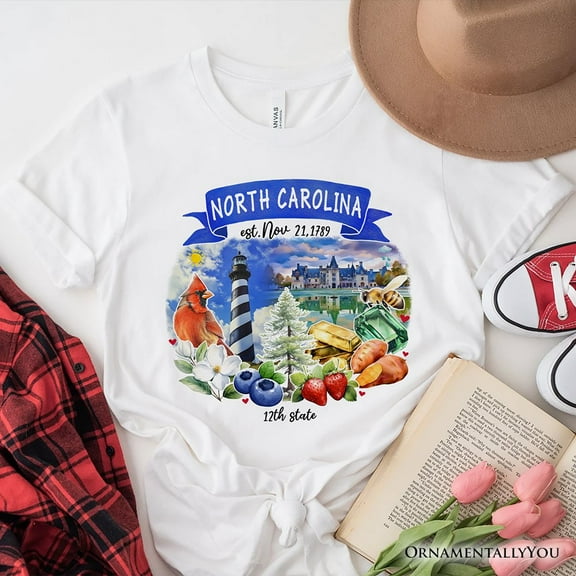 Artistic North Carolina State Themes and Landmarks T-Shirt, Tee for History and Travel Lovers