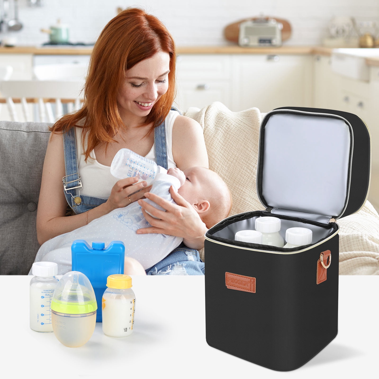 Breastmilk Cooler Bag with Ice Pack ,Fits 4x 9oz Bottles, Insulated Baby Bottle Tote with Shoulder Strap, Small Thermal Nursing Bag for Working Moms & Daycare (Black-S)