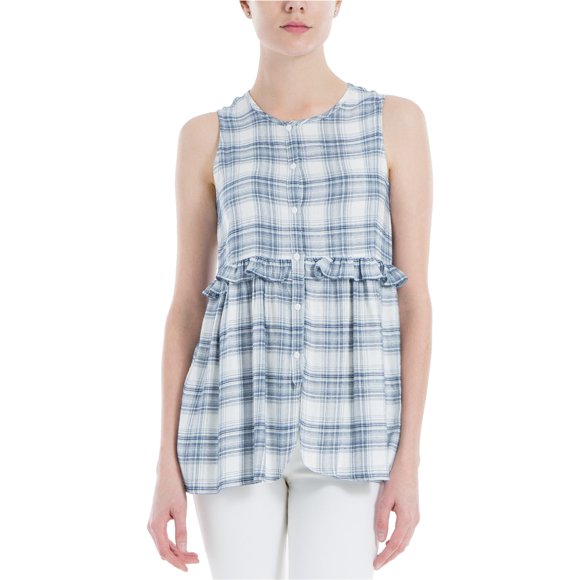 Max Studio London Camisa con botones con volantes para mujer, azul, mediano