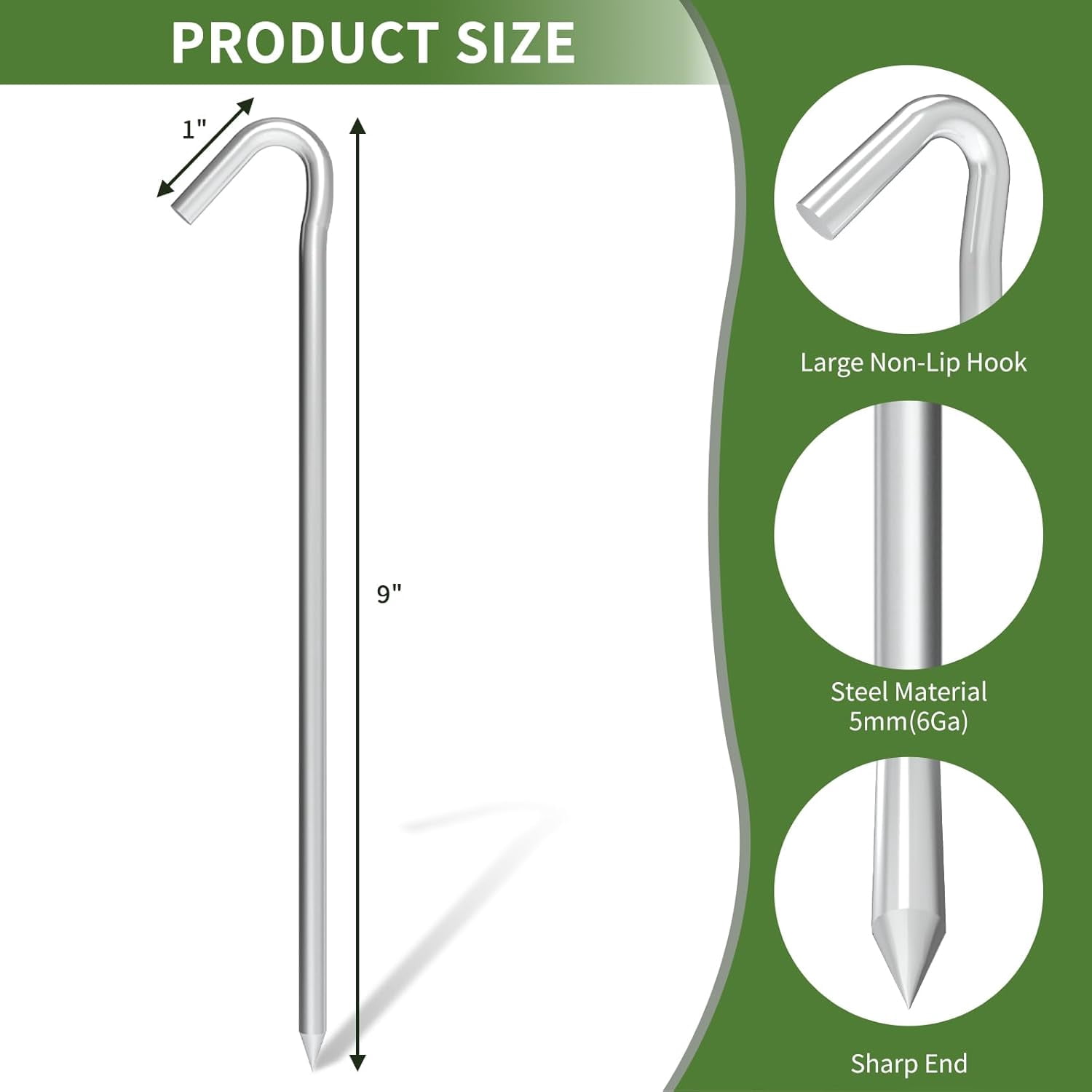 Metal Tent Stakes Heavy Duty 9 Inch, 8 Pack Anti-Rust Galvanized Steel Camping Tarp Stakes, Ground Stakes Yard Stakes Canopy Anchors for Inflatables, Outdoor Decorations