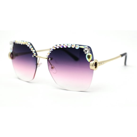 Womens Oil Slick Rhinestone Brow Trim Rimless Butterfly Sunglasses Gold Purple