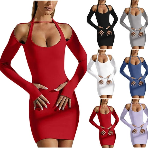 safuny Women's Mini Bodycon Party Dress Solid Scoop Neck Autumn Dress Retro Winter Cold Shoulder Sleeve Elegant Leisure Fit Holiday Fashion White S