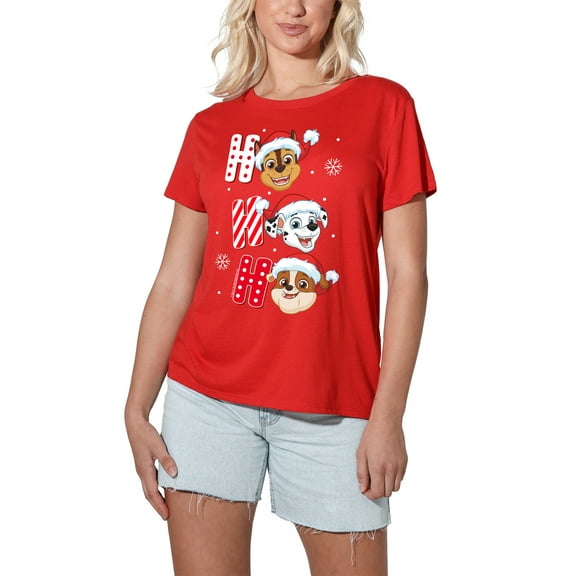 Paw Patrol Chase Marshall Rubble Christmas Santa Hats Women's Loose T-Shirt, Red, 2X-Large