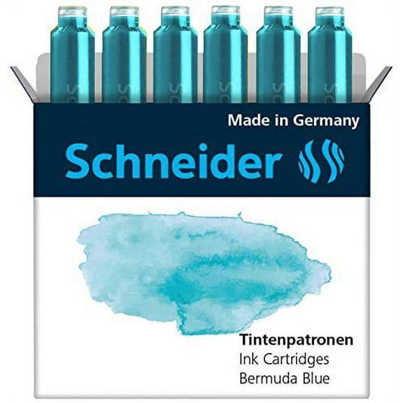 Schneider Ink Cartridge Pastel, Standard Format, Ball Closure, Refill for Fountain and Cartridge Rollerball Pens, Bermuda Blue Ink, Box of 6 Cartridges (166134)