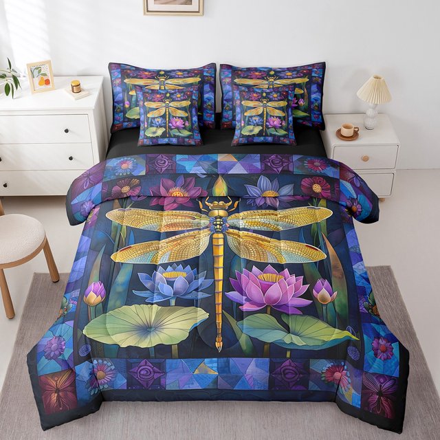 Erosebridal Gold Dragonfly Bedding Sets Full Size, Romantic Rose Comforter Sets with Sheets, Adult, Reversible 7 Pieces