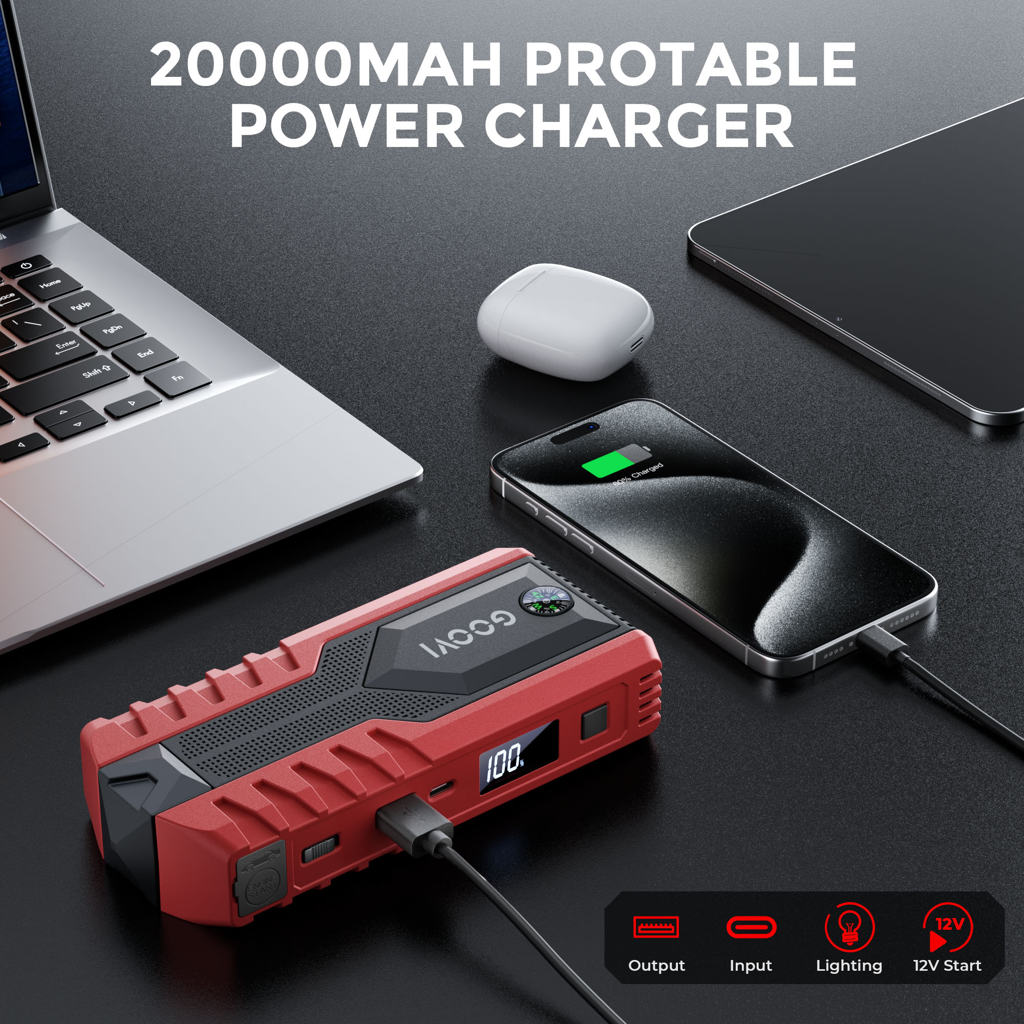 GOOVI Car Jump Starter 2000A Peak 12V Battery Jump Box Portable Battery Booster with LED Light USB Quick Charge