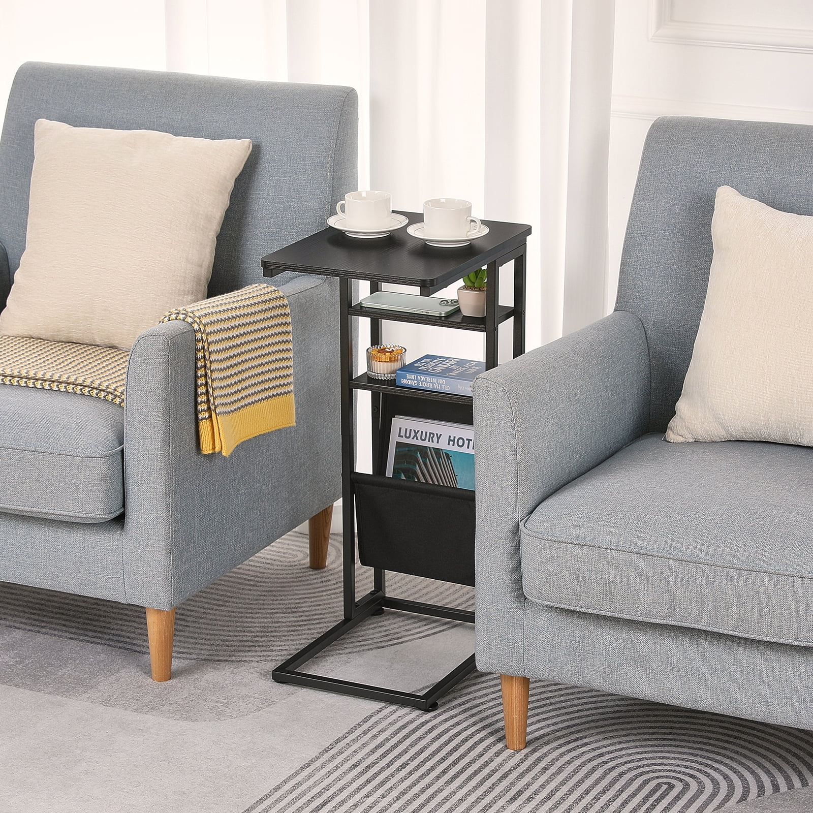 ZEXVIDA C Shaped Side Table, 3 Tier Sofa End Tables with Storage Bag, Sturdy Slide Under Sofa Slim Side Tables with Metal Frame for Small Spaces, Living Room, Bedroom, Industrial (Black)