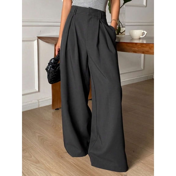 Women's High Waist Pleated Wide Leg Suit Pants, Loose Flowy Trousers with Side Pockets for Business Office Casual Outfits