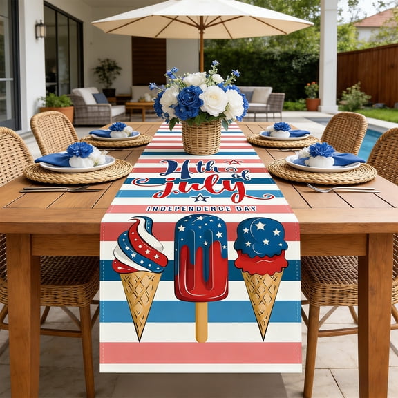 sruoe 4th of July Table Runner 13x35 inch, Red White and Blue Stars Striped Flag Runner, Polyester Patriotic Decor for Memorial Day Independence Day