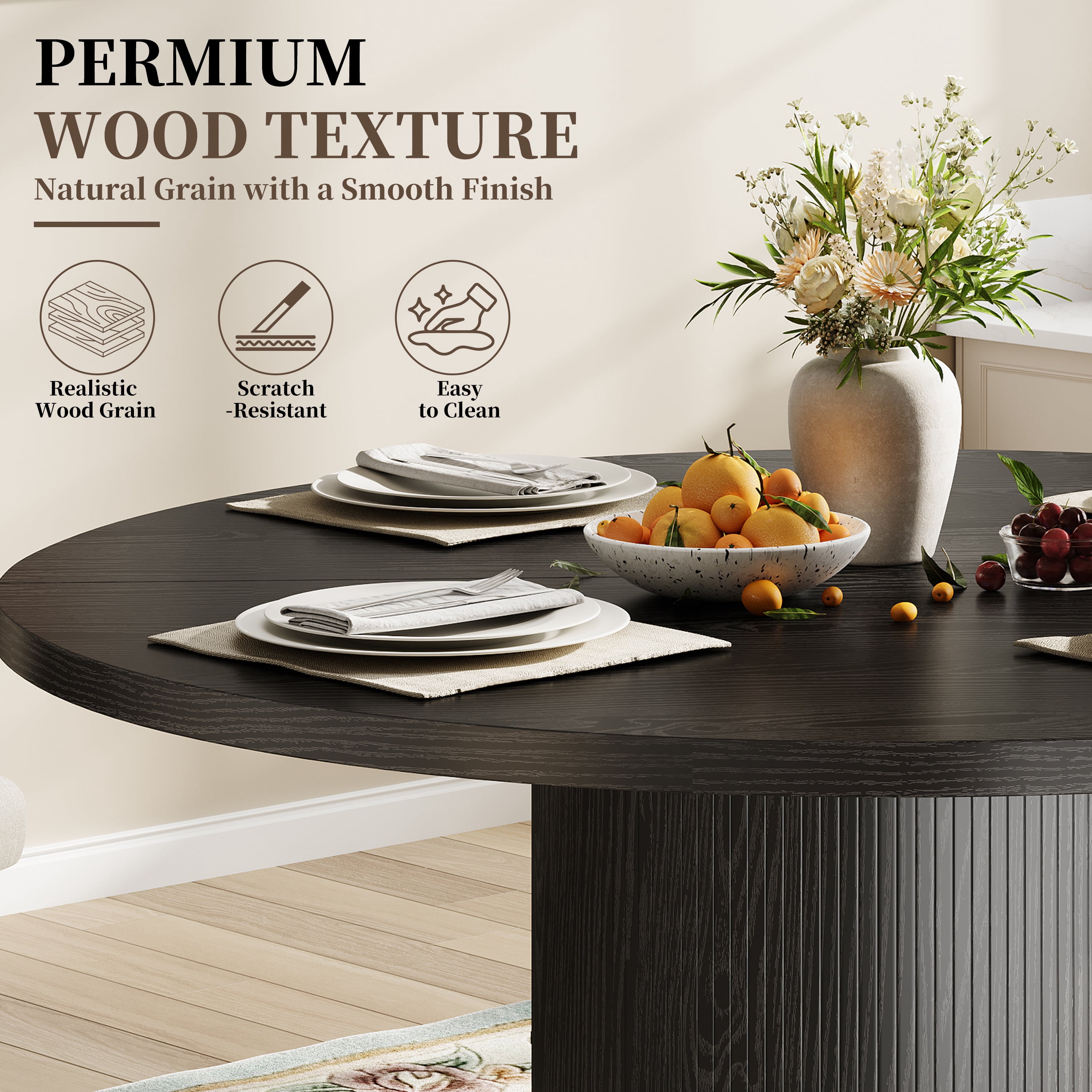 47" Dining Table, LEGAHOME Round Kitchen Table for 4, Wooden Circle Pedestal Table for Dining Room with 1.1in Thickness Tabletop, Black(Only Table)