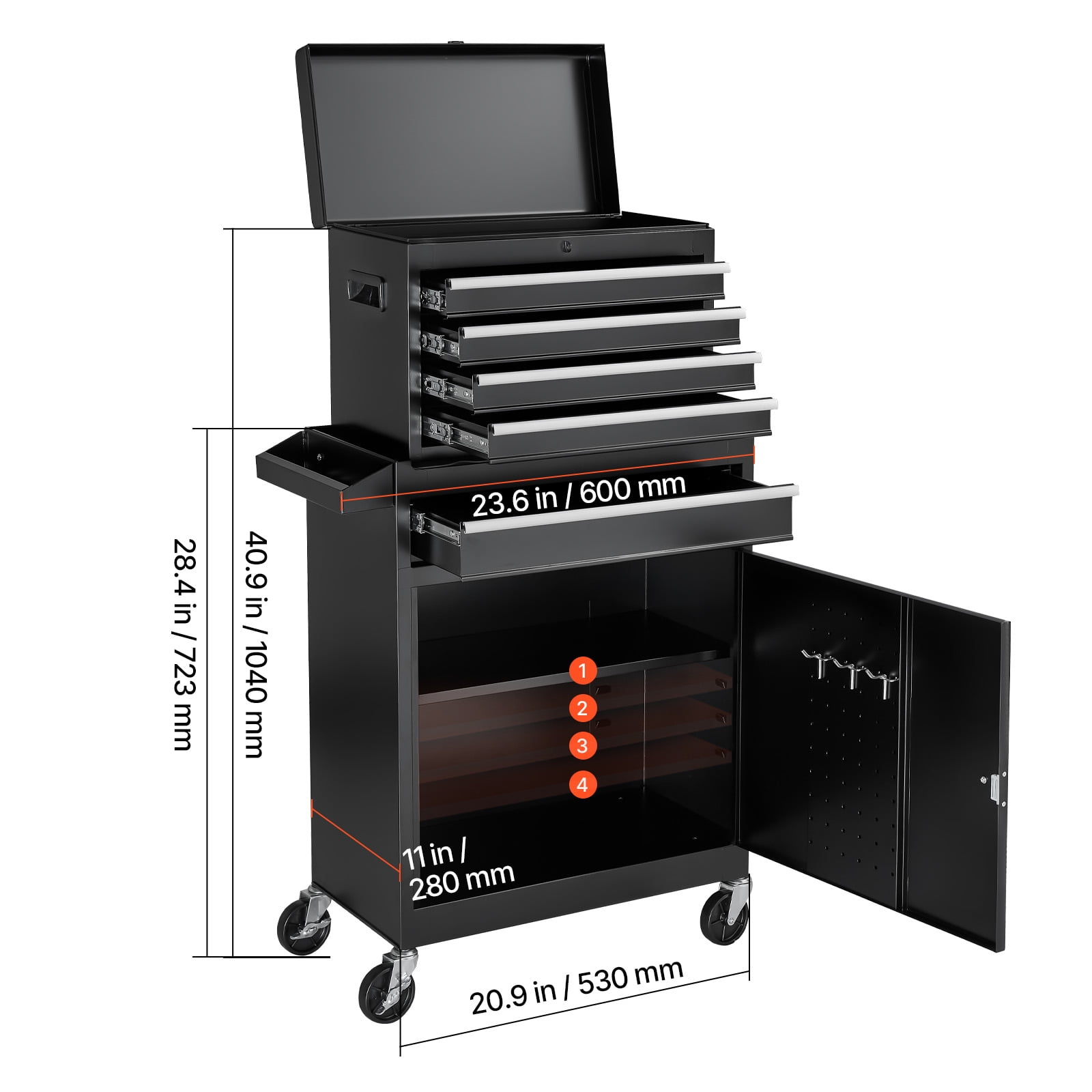 KFFKFF Rolling Tool Chest with 2-in-1 Design, 5-Drawer Tool Cabinet Organizer Featuring Detachable Top Toolbox, Locking Bar, Protective Liner, and Tool Rack for Garage, Workshop, or Warehouse Storage
