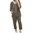 thumbnail image 1 of Hvobtty Blouses Décontractées à Col Rond et Manches Courtes pour Femmes, Ensemble Haut et Pantalon à Manches Cinq-Quarts avec Boutons et Poches, 1 of 5