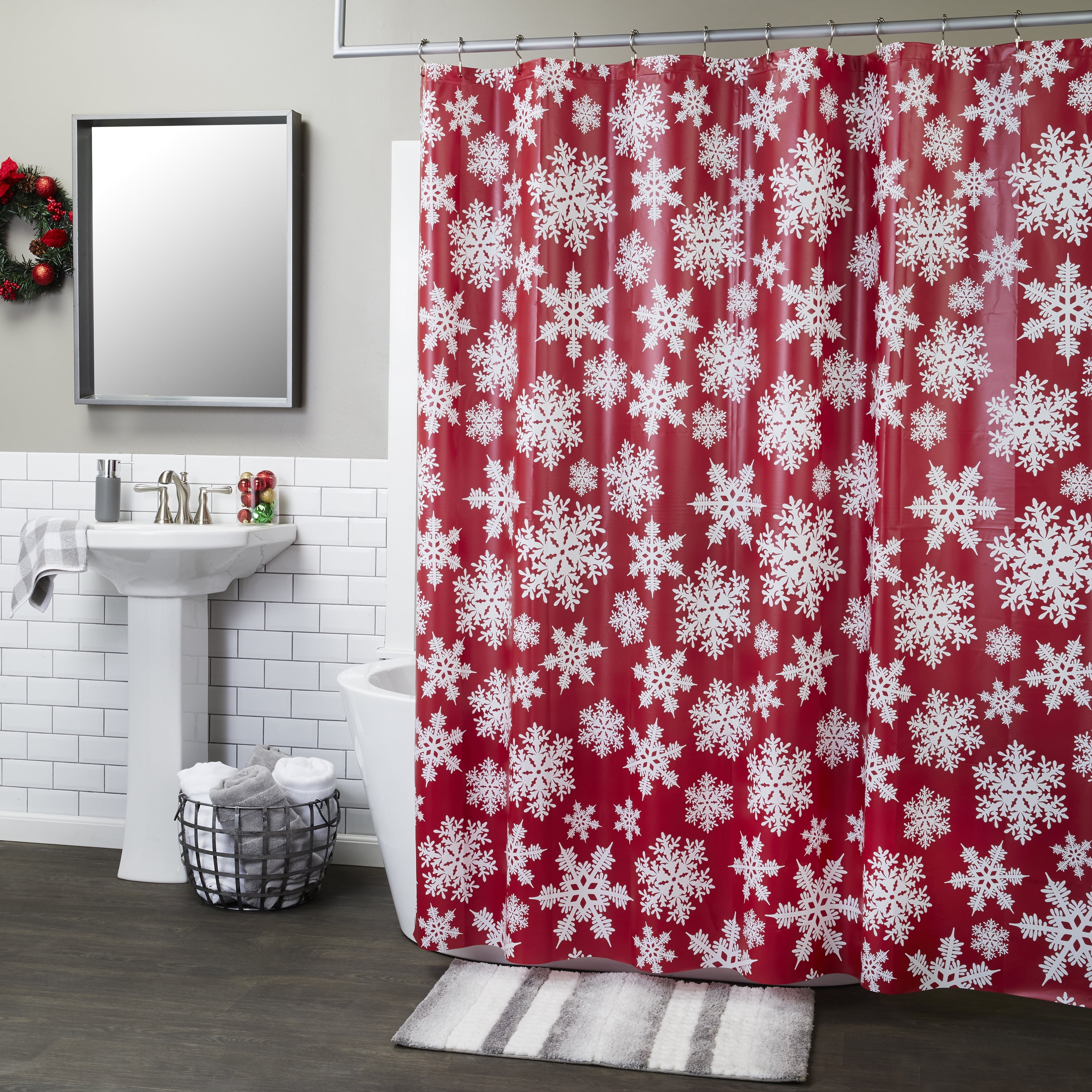Single Shower Curtain, Red And White Snowflake Shower Curtain