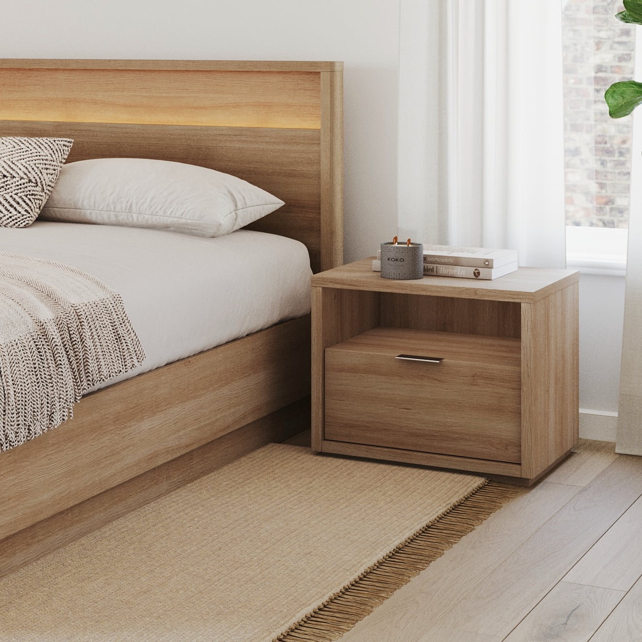 Nexera Modern 1 Drawer Nightstand, Brown Oak